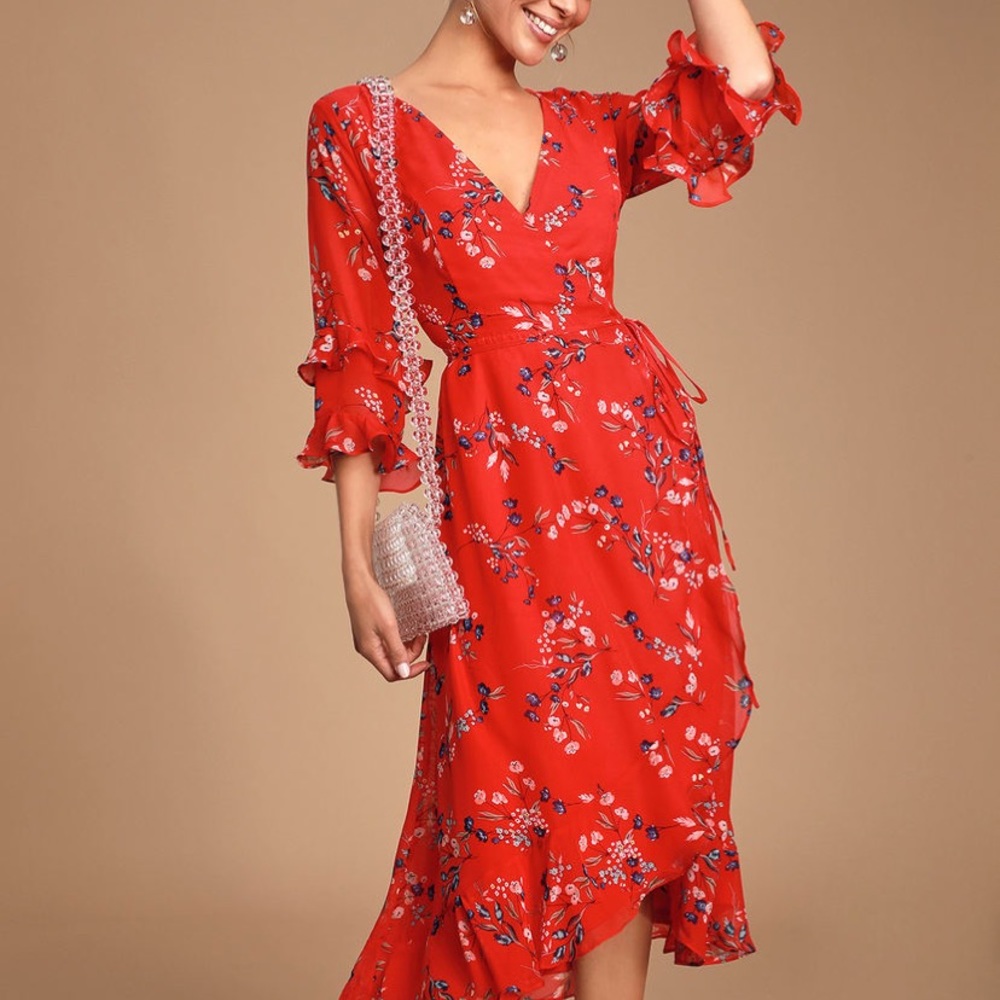 Have Merci Red Floral Print Ruffled Wrap Dress